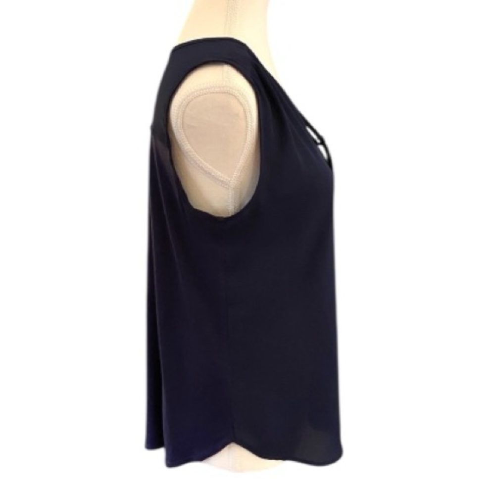 LOFT Navy Tie-Neck Sleeveless Blouse S – Sheer Front, Flowy Knit Back, Work-Chic - Picture 4 of 7